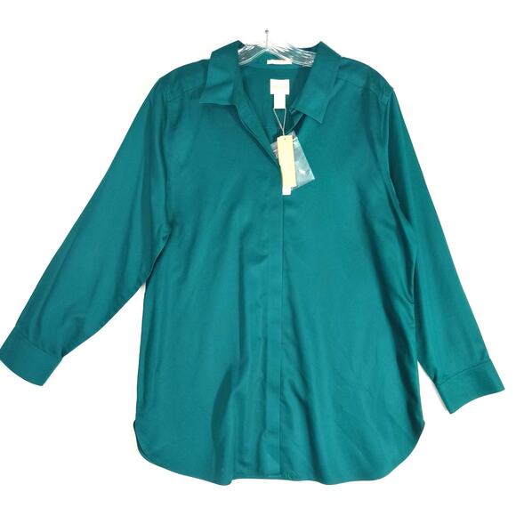 Chico's Button up Shirt Women's Sz 12 Teal Long Sleeve Collared No Iron Cotton - Picture 1 of 13